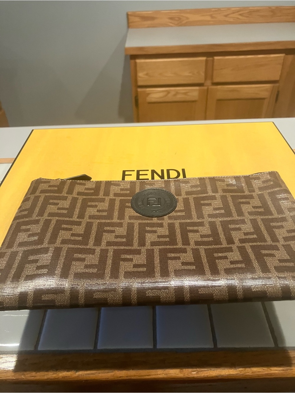Fendi Brown Monogram Zip Pouch with Embossed Medallion